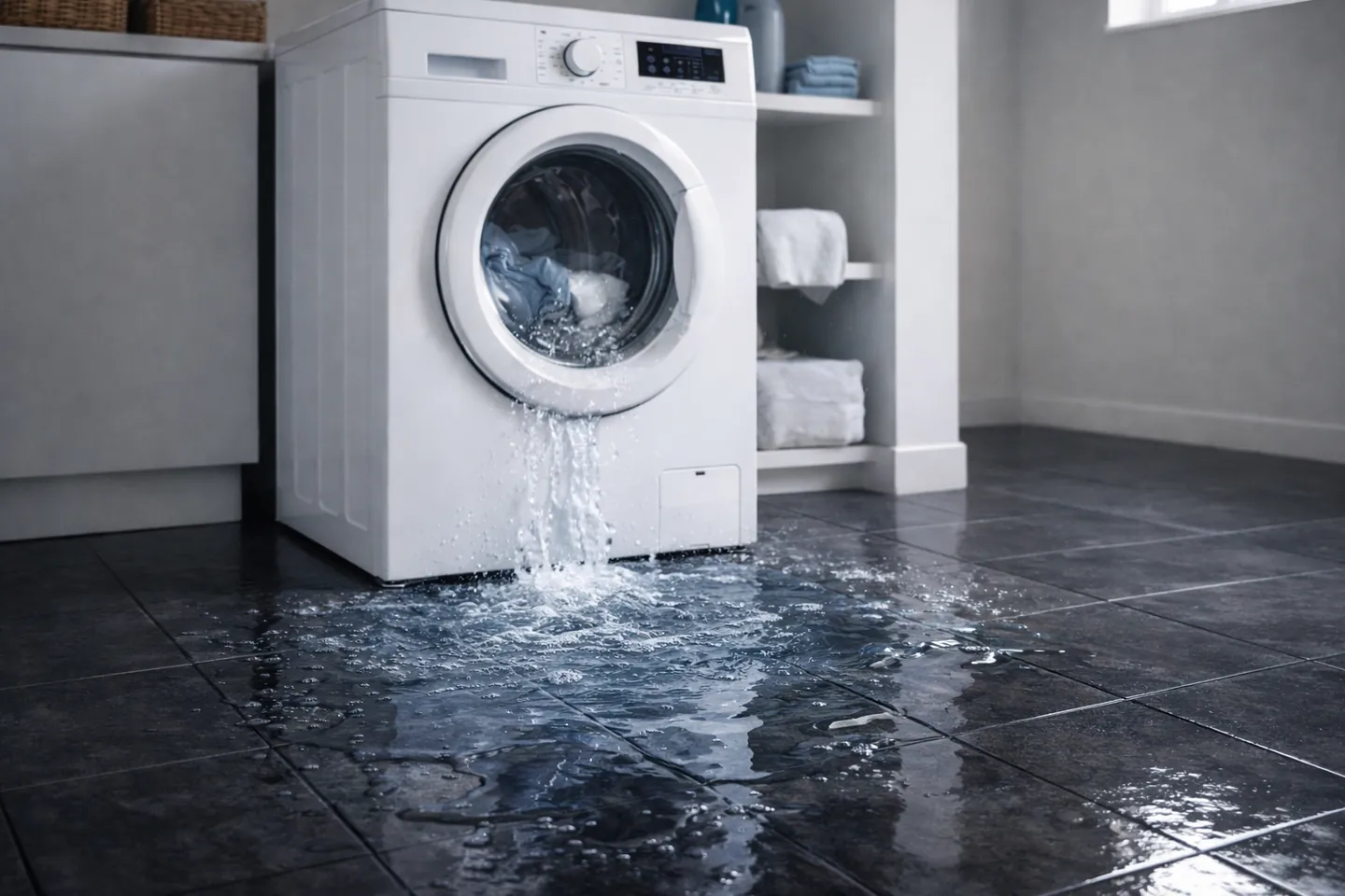 Waschmaschine mit Wasseraustritt durch Defekt an Dichtung oder Wasserführung