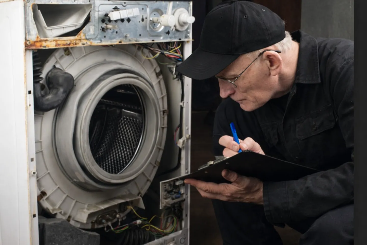 Geräteprüfung und Reparatur an einer geöffneten Waschmaschine