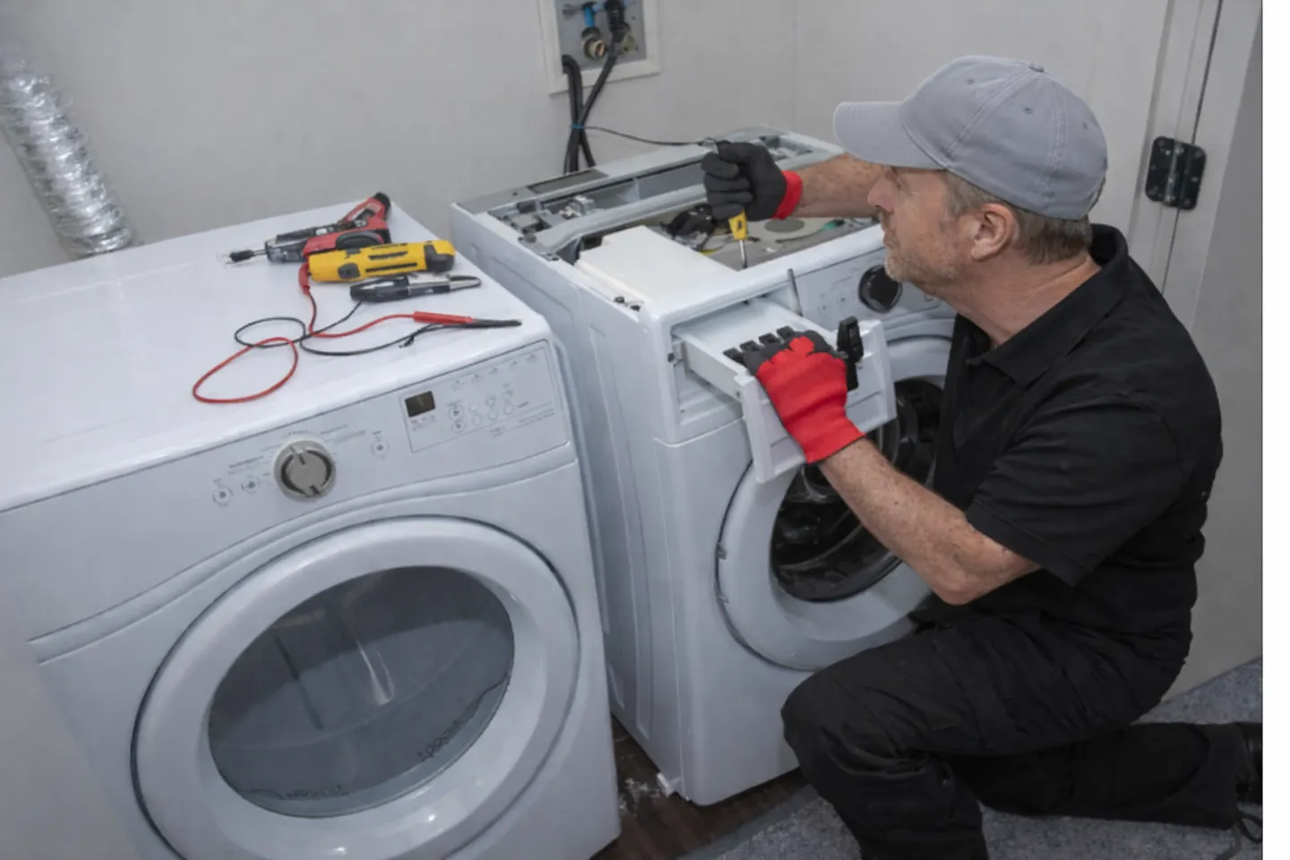 Techniker arbeitet an Elektronik und Fehlerdiagnose einer Waschmaschine