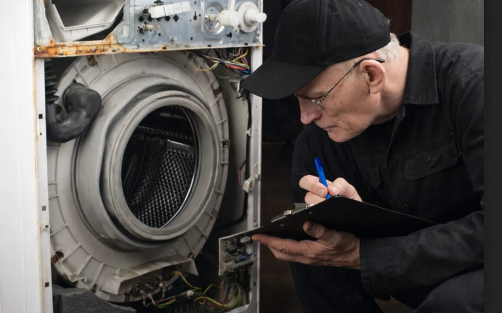 Techniker prüft eine geöffnete Waschmaschine bei der Reparatur vor Ort